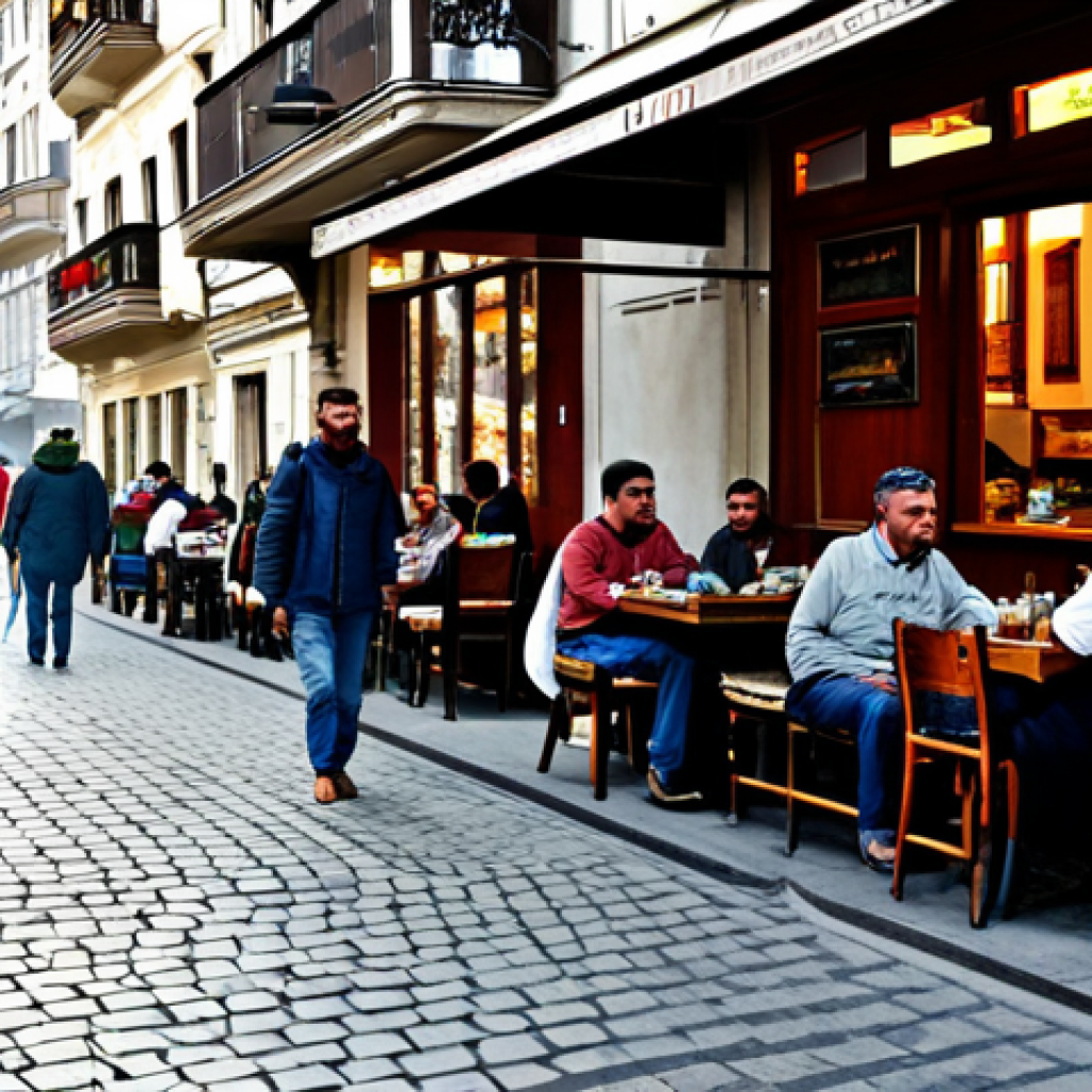 세르비아 전통 요리 체바피 - A bustling Belgrade street scene, featuring a traditional restaurant with people enjoying *ćevapi* a...