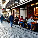 세르비아 전통 요리 체바피 - A bustling Belgrade street scene, featuring a traditional restaurant with people enjoying *ćevapi* a...