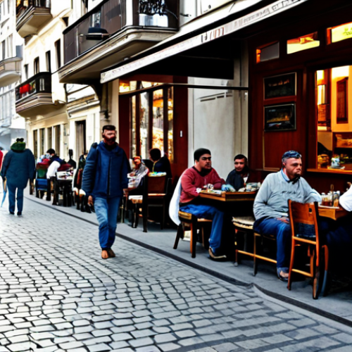 세르비아 전통 요리 체바피 - A bustling Belgrade street scene, featuring a traditional restaurant with people enjoying *ćevapi* a...