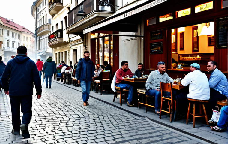 세르비아 전통 요리 체바피 - A bustling Belgrade street scene, featuring a traditional restaurant with people enjoying *ćevapi* a...