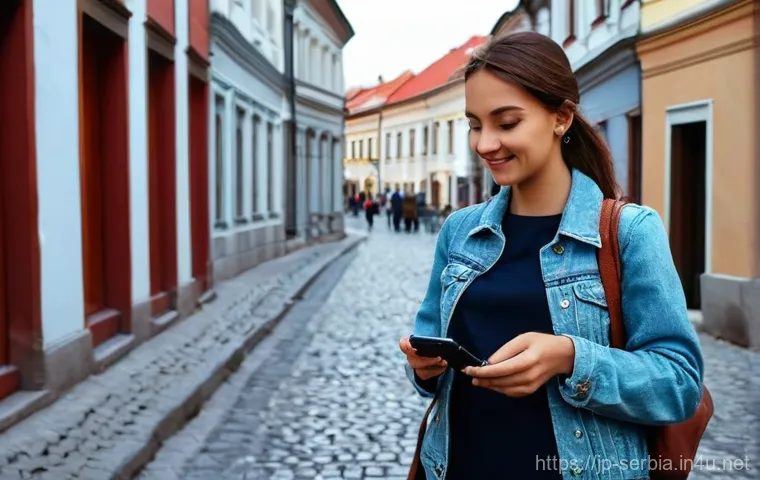 세르비아 긴급 연락처 및 대사관 정보 - **"A solo female traveler, in her late 20s, with a warm smile, stands on a picturesque cobblestone s...