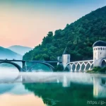 드리나 강 다리 - **Prompt 1: Majestic Ottoman Architecture at Dawn**
    "A breathtaking wide shot of the Mehmed Paša...